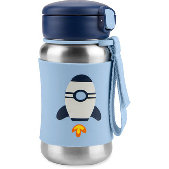 Skip Hop kids stainless steel straw water bottle with a navy lid and light blue rocket design silicone sleeve.