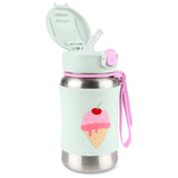 Kids' Skip Hop stainless steel straw water bottle with light green silicone sleeve, pink ice cream cone design, and pink strap.