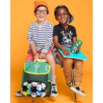 Two smiling boys with a green soccer-themed backpack and a green stainless steel water bottle.