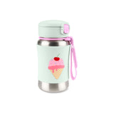 Kids' stainless steel straw water bottle with a light green silicone sleeve featuring a pink ice cream cone design.