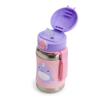 Pink stainless steel kids' straw water bottle with purple narwhal design, pop-up lid, and carrying strap.