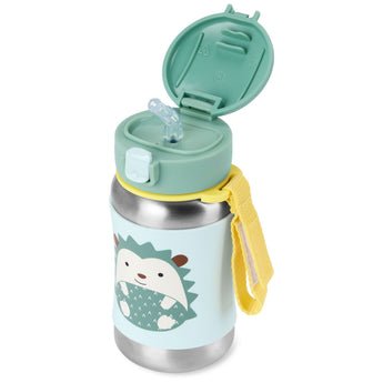 Skip Hop kids' stainless steel straw water bottle with a cute hedgehog design, teal lid, and yellow strap.