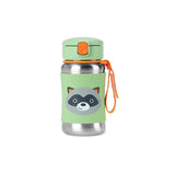 Skip Hop kids stainless steel straw water bottle with a green raccoon design and orange accents.