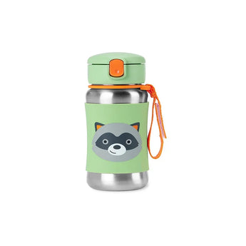Skip Hop kids stainless steel straw water bottle with a green raccoon design and orange accents.