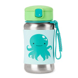 Skip Hop kids' stainless steel straw water bottle with a green lid and blue octopus design.