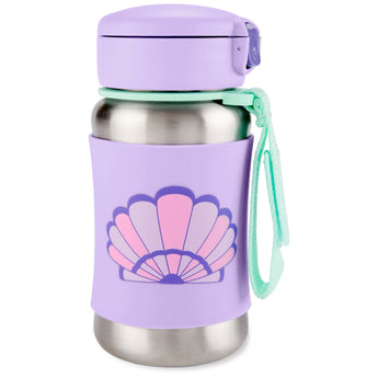 Skip Hop Spark Style stainless steel straw water bottle with a purple seashell design silicone sleeve and mint green strap.