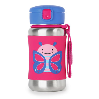 Skip Hop kids' stainless steel straw water bottle with a pink butterfly design and blue lid.