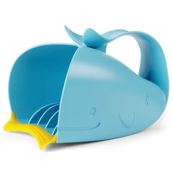 Blue whale-shaped Skip Hop Moby Waterfall Rinser with yellow lip and handle for cry-free baby baths.