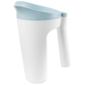White and light blue Skip Hop Moby Waterfall Rinser with an ergonomic handle and soft rubber lip.