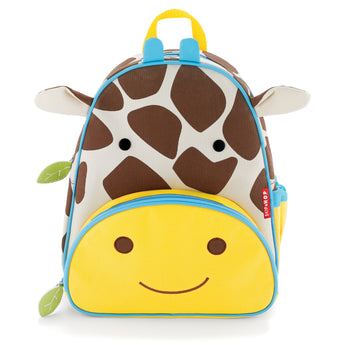 Skip Hop Zoo Giraffe Backpack: brown and white spotted toddler mini backpack with yellow front pocket.
