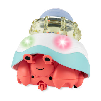 Skip Hop Stack & Crawl 4-in-1 Crab baby toy with red body, white and blue shell, and colorful lights.