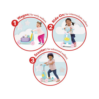 Skip Hop Zoo 3-in-1 unicorn ride-on toy in wagon, ride-on, and scooter modes with children.