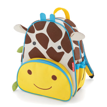 Skip Hop Zoo Giraffe toddler backpack with brown spots, yellow front pocket, and blue trim.
