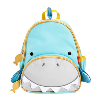 Skip Hop Zoo Shark Backpack: blue toddler mini backpack with a grey shark face, yellow zipper, and side pocket.