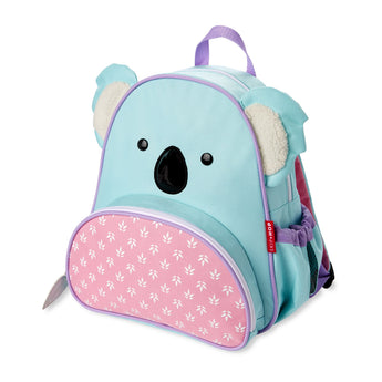 Skip Hop Zoo Koala toddler backpack: light blue with pink leaf pattern, mesh side pocket, purple straps.