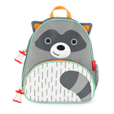 Gray Skip Hop Zoo Raccoon mini toddler backpack with orange accents, mesh pocket, and apple zipper pulls.