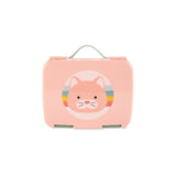 Pink Skip Hop Zoo kids bento box with a cute cat face design and green handle.