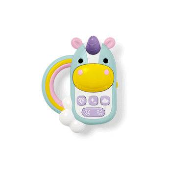 Skip Hop Zoo Phone unicorn baby toy with light-up horn, rainbow handle, and colorful buttons.