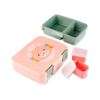 Pink Skip Hop Zoo bento box with a cute cat design, green divided tray, and two small coral containers.