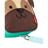 Skip Hop Zoolet Pug mini backpack with brown and tan face, black nose, and attached light blue safety tether.