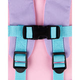 Close-up of a pink Skip Hop Zoolet Bee mini backpack with purple straps and a blue chest clip.