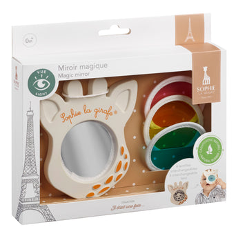 Sophie la girafe Magic Mirror SIGHT White teething toy with interchangeable colorful lenses in packaging.