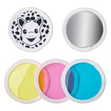 Sophie la girafe Magic Mirror SIGHT Teething Toy with white fabric trim, featuring a giraffe face, mirror, and yellow, pink, and blue colored lenses.