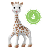 Sophie la girafe natural rubber teething toy with brown spots, white body, and a green "natural rubber" seal.