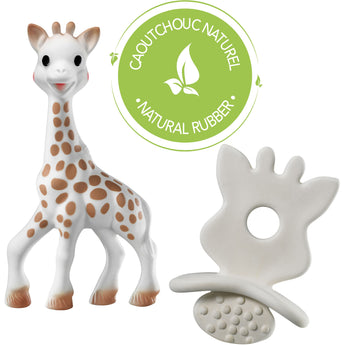 Sophie la girafe So'Pure natural rubber giraffe teether and white textured teething toy.