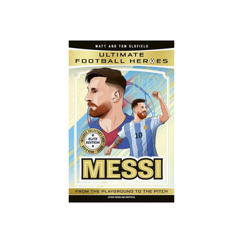 Book cover of 'Ultimate Football Heroes Messi' featuring illustrations of a football player and text.