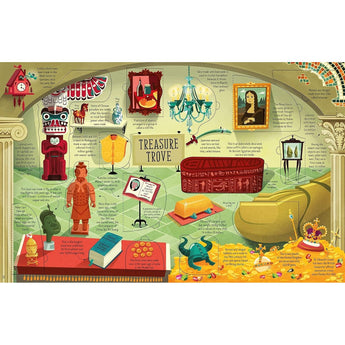Colorful illustrated page from Usborne's Lift-the-Flap General Knowledge book, showing "Treasure Trove" facts.