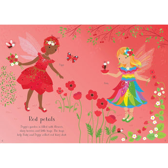 Usborne Little Sticker Dolly Dressing Rainbow Fairy book with two fairies, red poppies, butterflies, and strawberries.