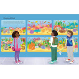 Children Zahra, Ethan, and Kit at a pet store, looking at colorful tropical fish tanks.
