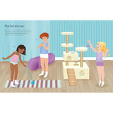 Children playing with kittens and a cat tree in a light blue room, from the Sticker Dolly Dressing Pets book.
