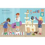 Colorful illustration from Sticker Dolly Dressing Pets book, showing kids playing with various cats and kittens.