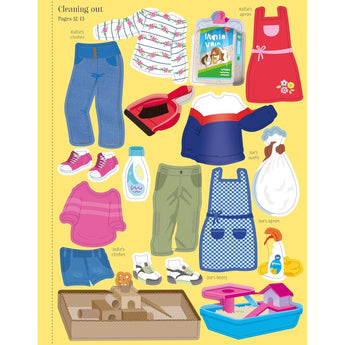 Usborne Sticker Dolly Dressing Pets activity book page with various clothes, pet accessories, and pet habitats.