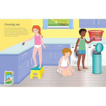 Illustrated page from Usborne Sticker Dolly Dressing Pets book showing children cleaning a hamster cage in a kitchen.