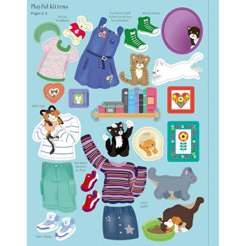 Usborne Sticker Dolly Dressing Pets activity book page with colorful clothes, cats, and accessories.