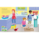 Colorful illustration of children cleaning pet cages and playing with pets in a kitchen.