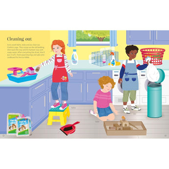 Colorful illustration of children cleaning pet cages and playing with pets in a kitchen.