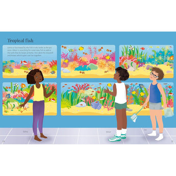 Usborne Sticker Dolly Dressing Pets book page showing three children looking at colorful fish tanks.