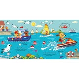 Colorful Usborne Things That Go Sound Book spread with cartoon animals on a boat, jet ski, and surfboard.