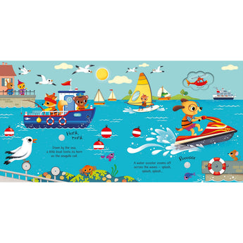 Colorful Usborne Things That Go Sound Book spread with cartoon animals on a boat, jet ski, and surfboard.