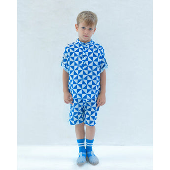 Yell Oh! Tunic & Bermuda In Linen & Cotton Triangles Blue Set Outfit | Sets Boy