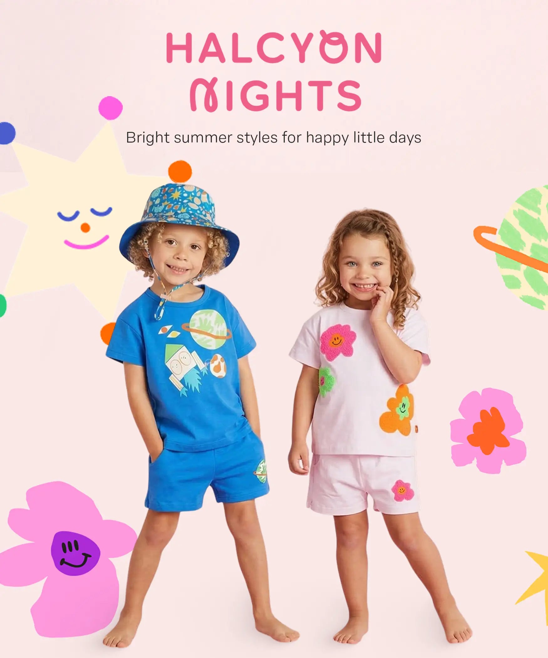 Two children wearing bright summer outfits with colorful graphics on a light pink background.