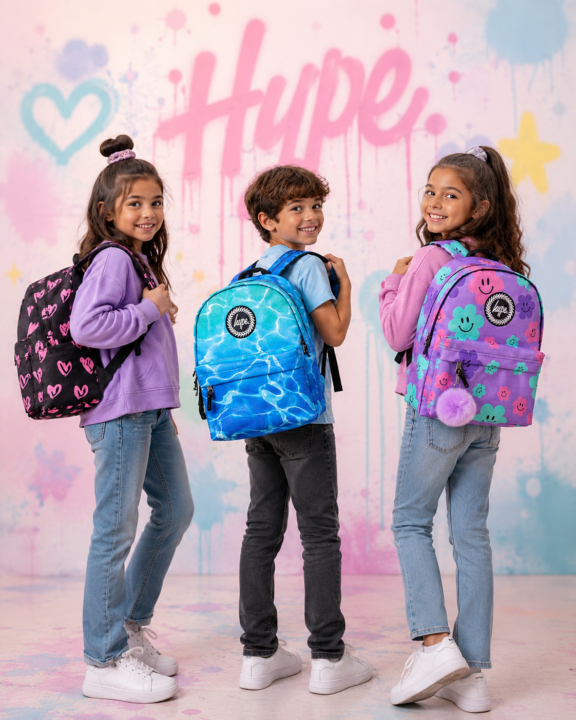 Three children standing in a studio wearing colorful Hype backpacks, with a pink and blue Hype-branded backdrop behind them.