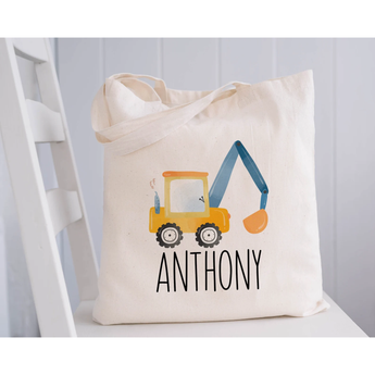 Tote bag with a construction vehicle design and the name 'Anthony' on a white background