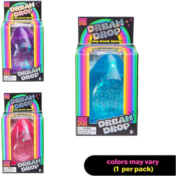Blue NEE DOH Dream Drop squishy fidget toy in clear packaging with rainbow design.