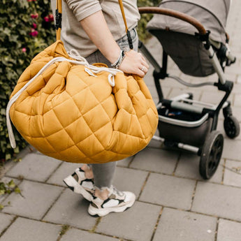 Organic Soft Baby Play Mat and Storage Bag – Mustard Chai Tea - My Little Thieves
