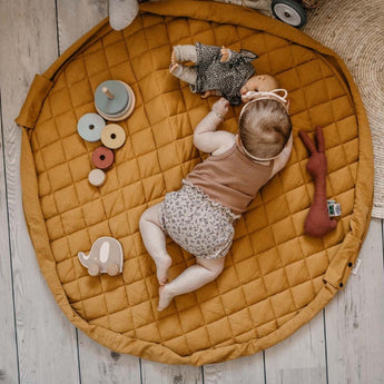 Organic Soft Baby Play Mat and Storage Bag – Mustard Chai Tea - My Little Thieves